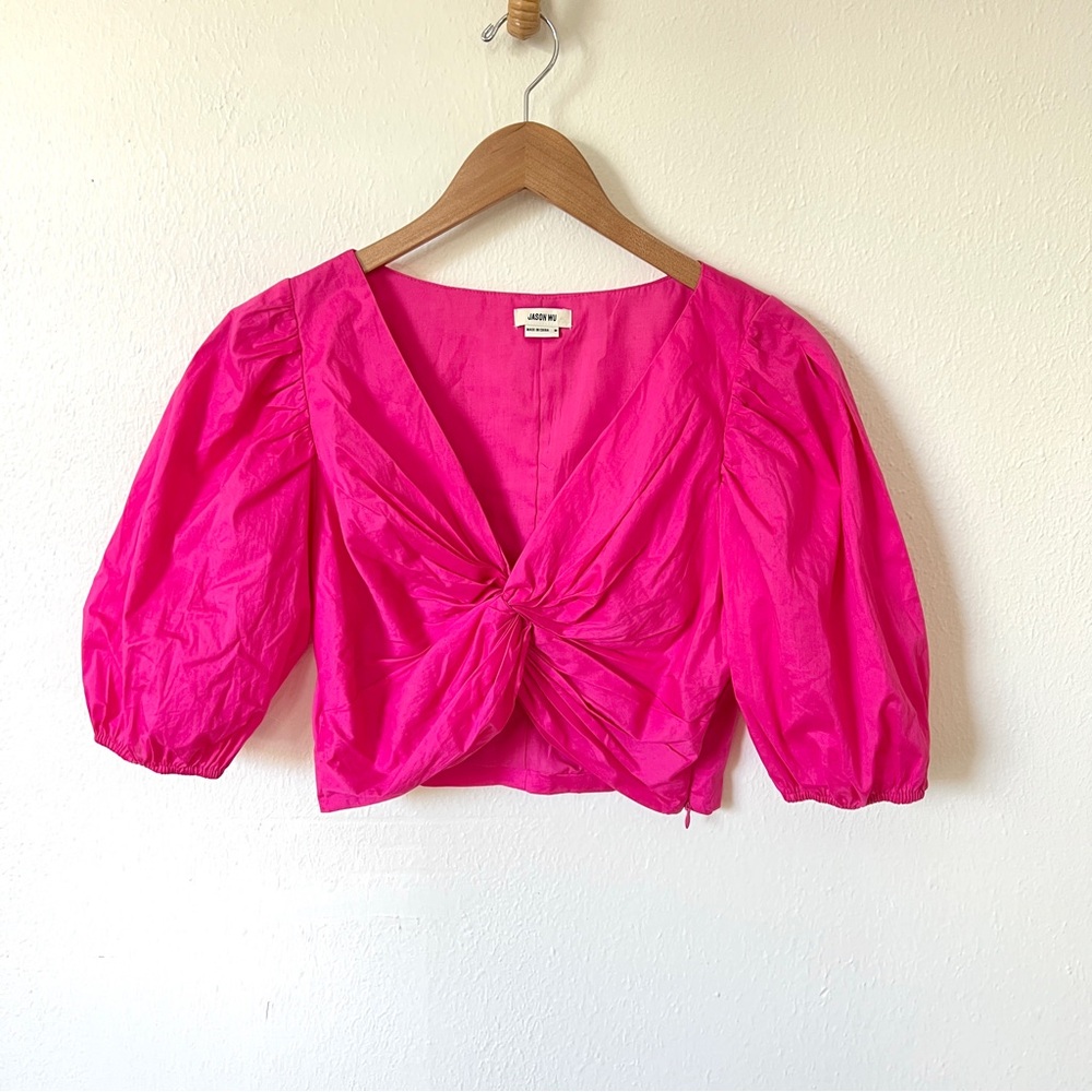 Jason Wu Hot Pink Twisted Front Cropped Top with Bubble Sleeves